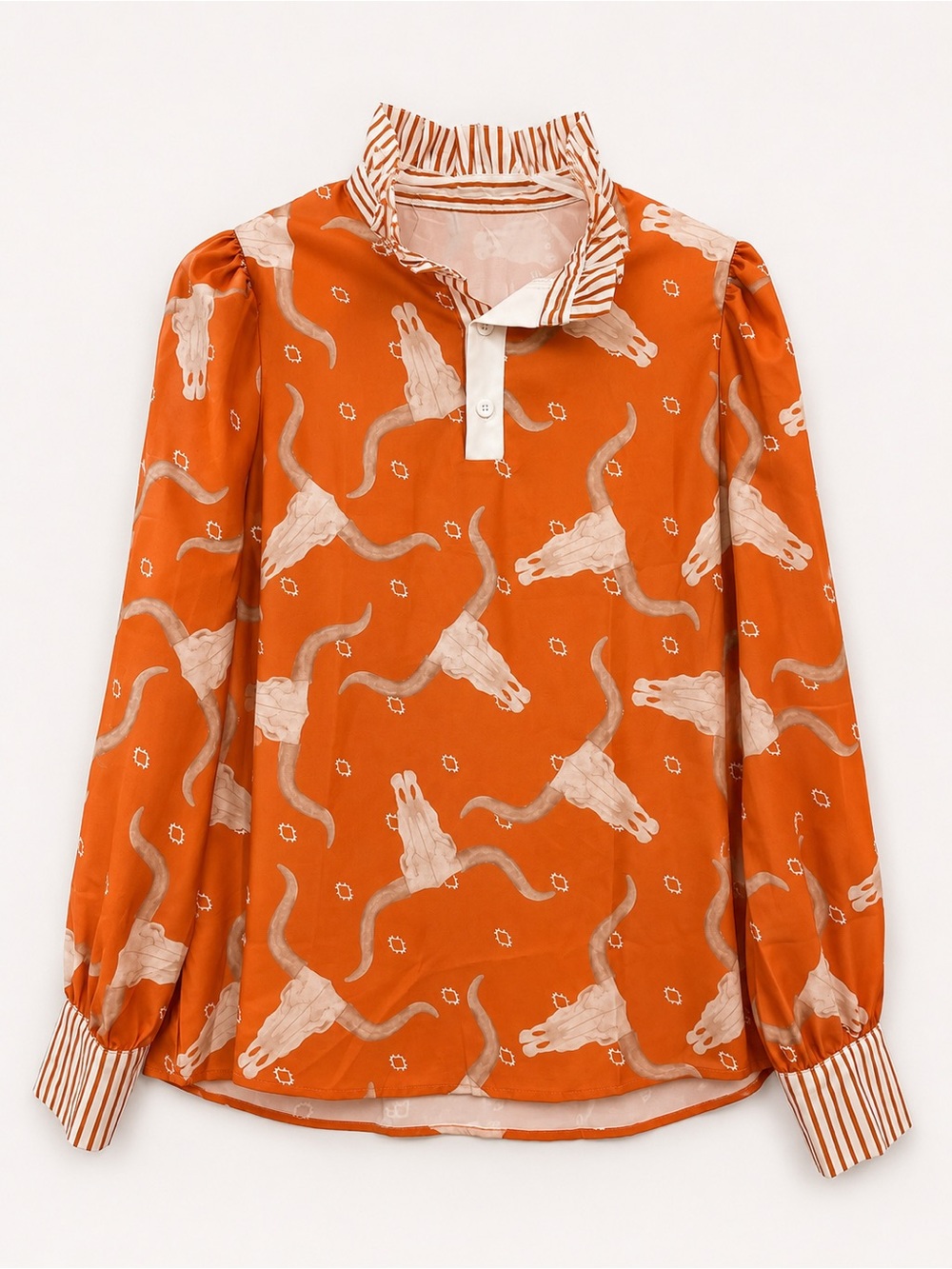 Western Longhorn Skull Print Ruffle Collar Blouse | Size Small